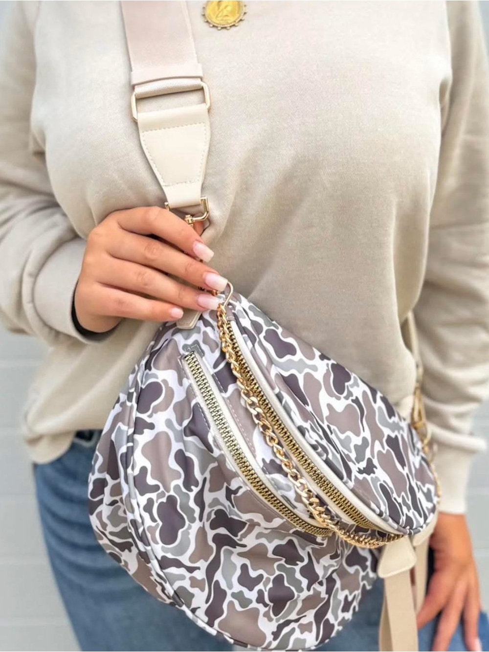 Neutral Camo Print Crossbody Sling Bag